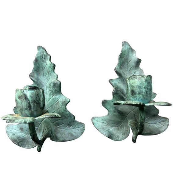 Vintage Wrought Green Iron Oak Leaf Wall Lot of 2 Candle Holder 6"Lx5"W-Creative - Picture 1 of 3